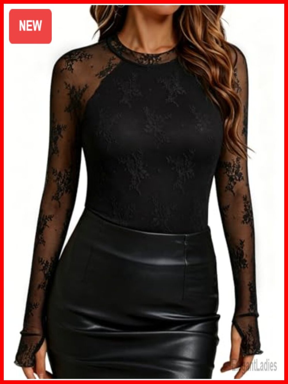 Lace Mesh Sheer Mock Neck Top Thumb Hole Long Sleeve Layering Blouse